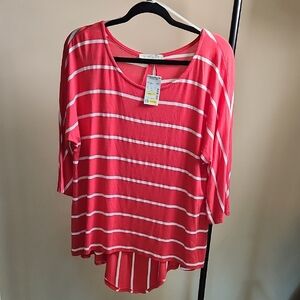 Women's Coral and White Striped Long Sleeve Top